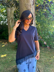 Navy Asymmetric Lace Hem Top Wendy