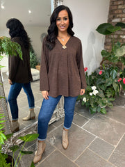 Chocolate V Neck Brooch Top Harper