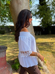 White Bubble Cotton Lace Trim Top Adele