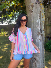 Blue Bubble Cotton Striped Top Kimberly