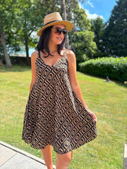 Camel Greek Key Sleeveless Dress Cleo