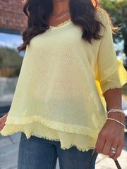 Lemon Frayed Detail V Neck Top River