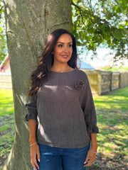 Charcoal Applique Ruffle Sleeve Knit Crystal
