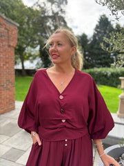 Wine Ruched Pebble Button Top Kate