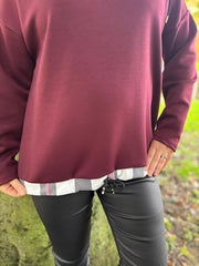 Wine Checked Trim Sweat Top Iris