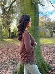 Chocolate Ruched Lace Trim Top Janet