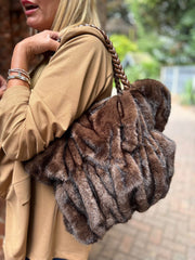 Chocolate Faux Fur Ruched Tote Bag
