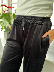 Black Pull On Wide Leg Velour Trousers
