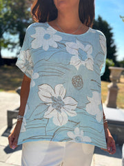 Blue Linen Floral Top Lila