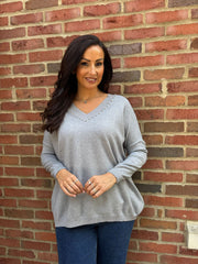Grey Diamante V Neck Knit Tori