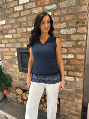 Navy Ribbed Lace Trim Vest Primrose