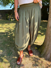 Khaki Smocked Waist Hareem Trousers