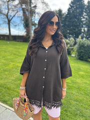 Chocolate Bubble Cotton Crochet Hem Blouse Jo