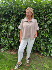 Mocha Stripe Detail Button Top Leona