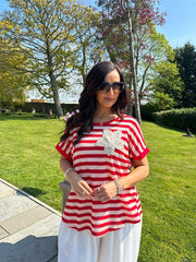 Red Crochet Floral Striped Top Gemma