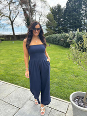 Navy Bubble Cotton Bandeau Jumpsuit