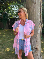 Pink Blue Coral Print Blouse Stacey