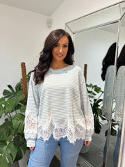 Light Blue Striped Lace Hem Top Adelaide