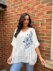White Floral Stud Crepe Top Polly