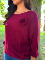 Wine Applique Ruffle Sleeve Knit Crystal