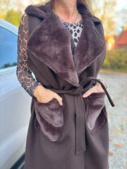 Chocolate Sleeveless Faux Fur Trim Coat Alexis