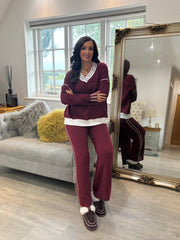 Wine Striped V Neck Sweater Set Pam