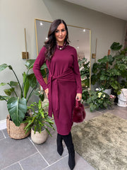 Wine Tie Waist Knit Dress Flora