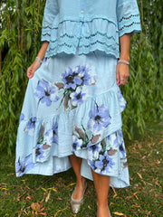 Blue Asymmetric Floral Frill Skirt Amy