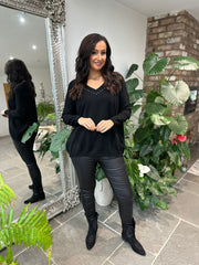 Black Diamante V Neck Knit Tori