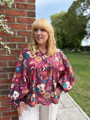 Wine Abstract Floral Blouse Gina