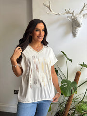 White Metallic Shimmer V Neck Tee Janine