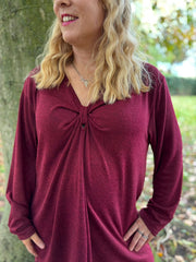 Wine Gathered V Neck Top Elsie
