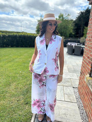 White Flower Print Trouser Set Claudette