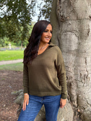 Khaki Open Collar Jumper Rhea
