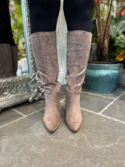 Mocha Faux Suede Pointed Knee High Boots