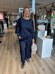 Navy Cropped Sequin Panel Wide Leg Trousers