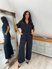 Black Wide Leg Collared Jumpsuit Carrie