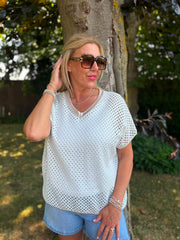 White Gold Trim Open Knit Top Karen