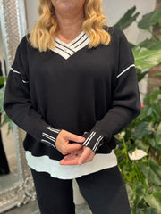 Monochrome Striped V Neck Sweater Set Pam