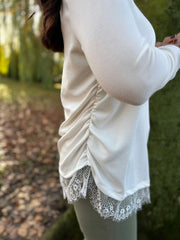 Winter White Ruched Lace Trim Top Janet