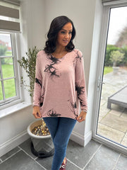 Rose Sketched Flower V Neck Top Amy