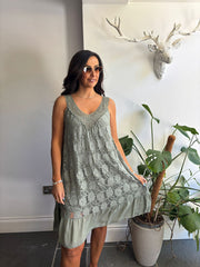 Khaki Mesh Floral Lace Dress Gabriella