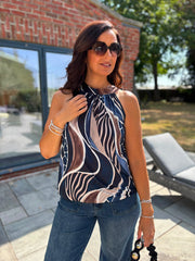 Navy Abstract Halter Neck Top Jessie