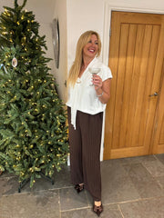 Winter White Short Sleeve Brooch Top Leona