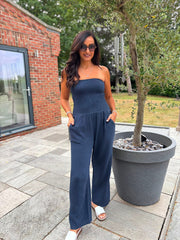 Navy Bubble Cotton Bandeau Jumpsuit