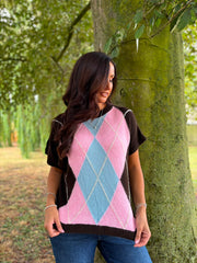 Chocolate Short Sleeve Argyle Knit Rylie