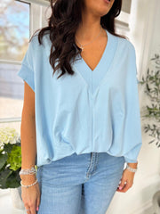 Blue Gathered Hem V Neck Top Willa
