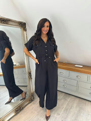 Black Wide Leg Collared Jumpsuit Carrie