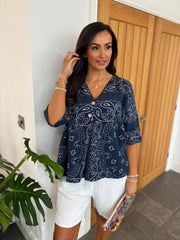 Navy Paisley Bubble Cotton Top Quinley