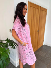 Candy Pink Bubble Cotton Paisley Shirt Dress Jane